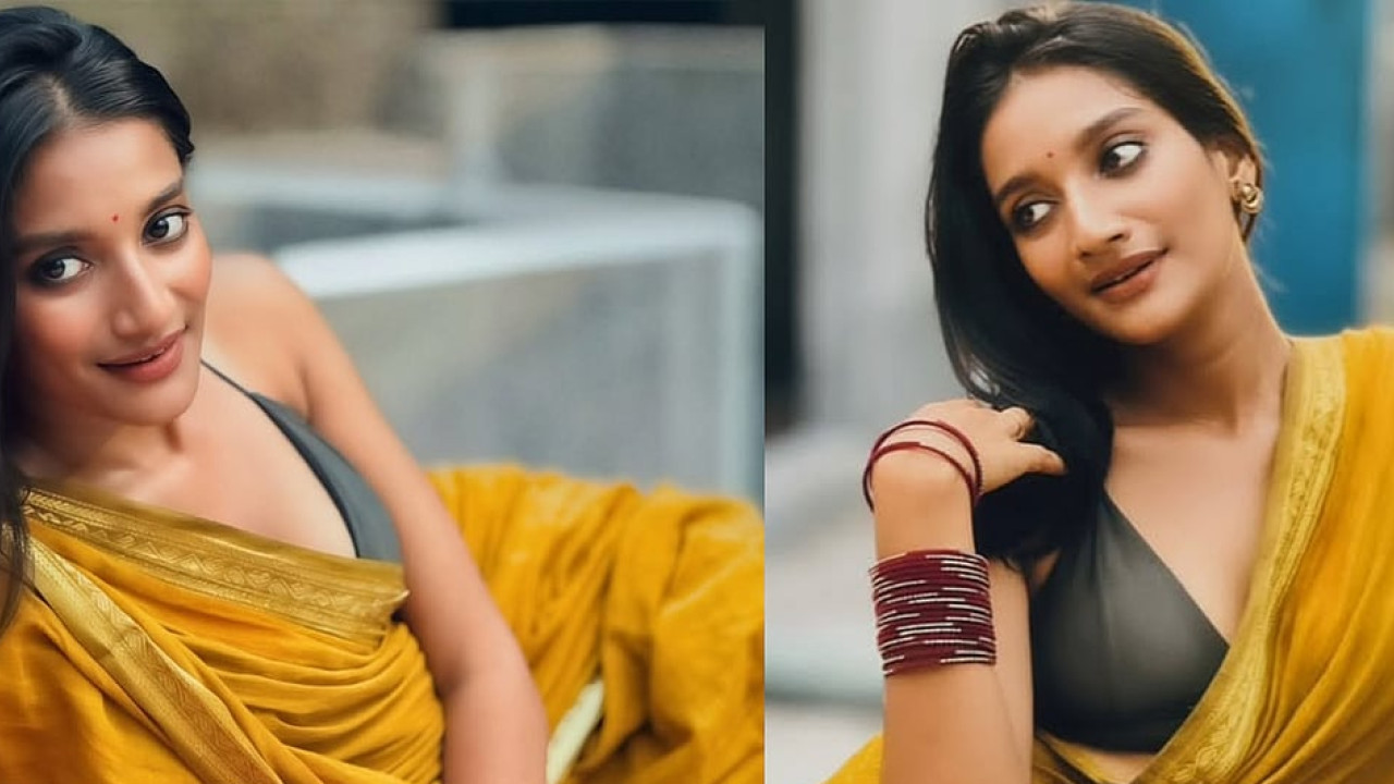 শাড়ির লুকে আধুনিক আমেজ, হল্টারনেক ব্লাউজে নিদ্রা
